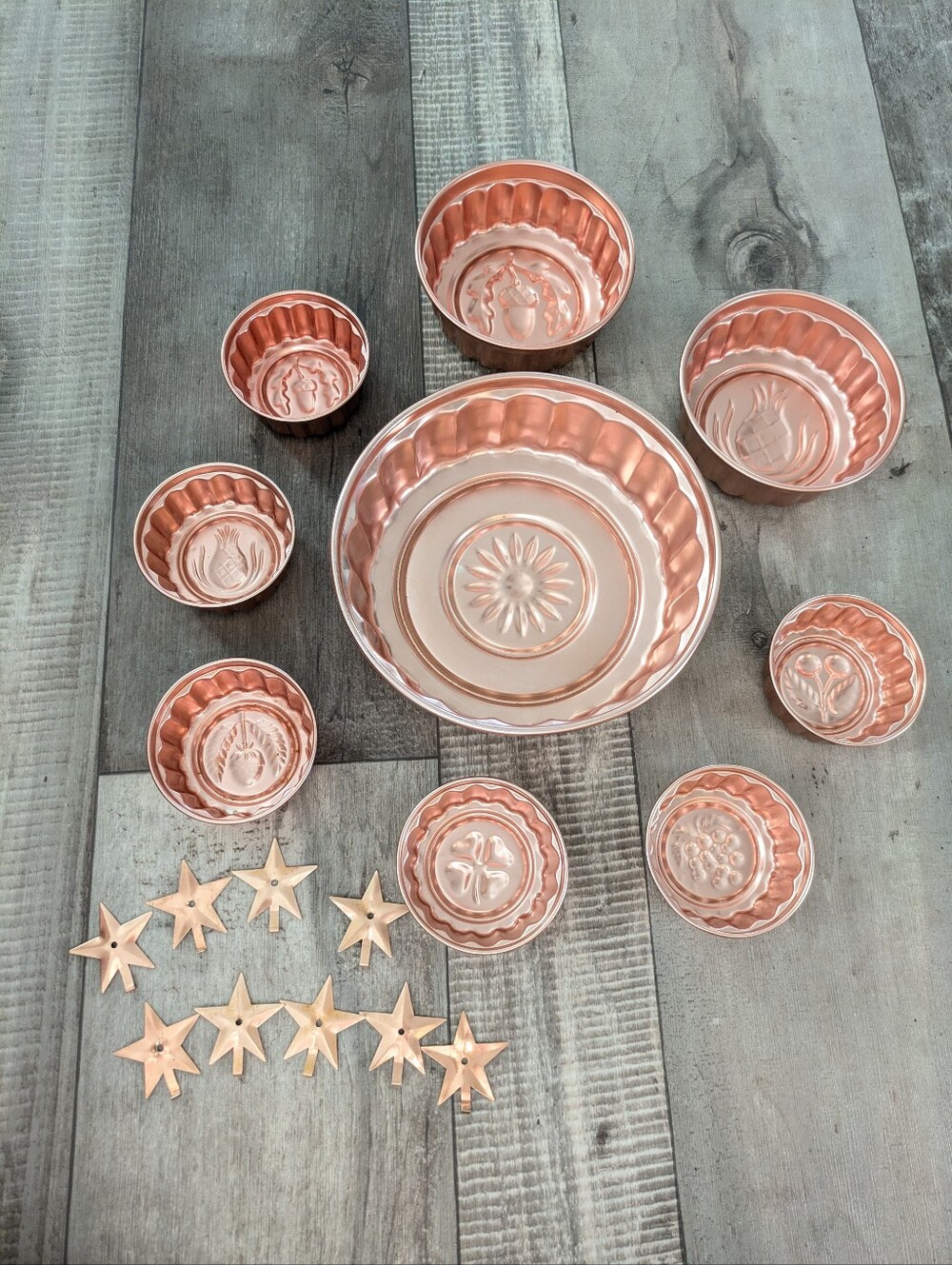 Vintage Copper Jello Molds Set of 9 with hangers Aluminum